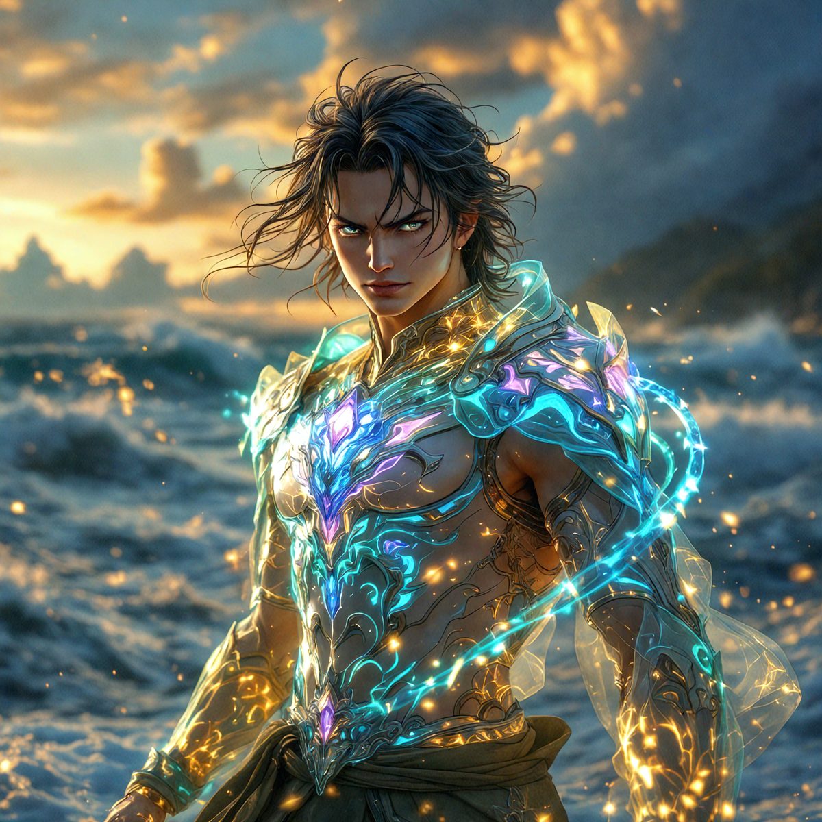 The primary subject of the image is a man with long hair, dressed in a blue and gold outfit. He is standing on a beach, with the ocean in the background. The visual style of the image is digital art, and the colors and mood are vibrant and lively.